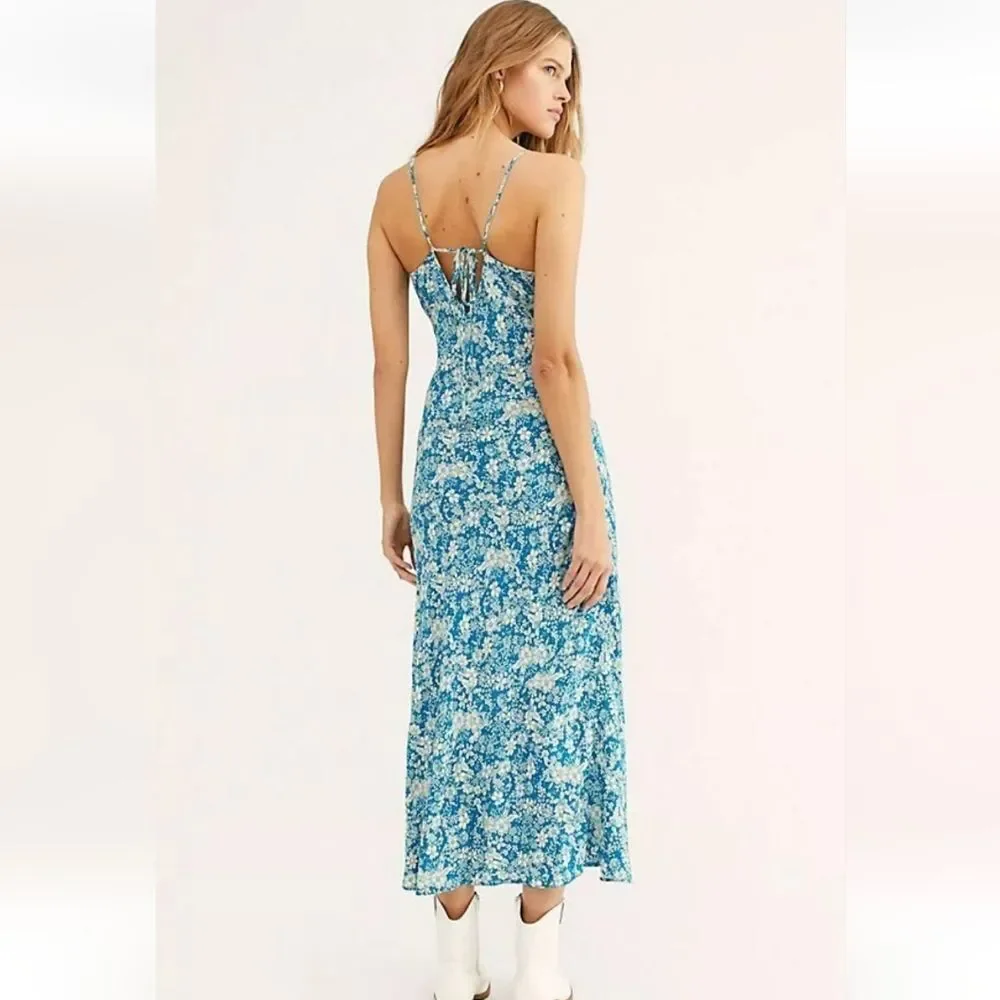 New Free People Bon Voyage Floral Print Woven Midi Dress In Blue Combo Size M - Picture 2 of 9